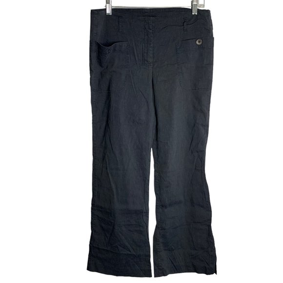 Theory Linen Blend Mid Rise Flare Pants 12 Black Front Pockets Zip Belt Loops - Picture 1 of 5
